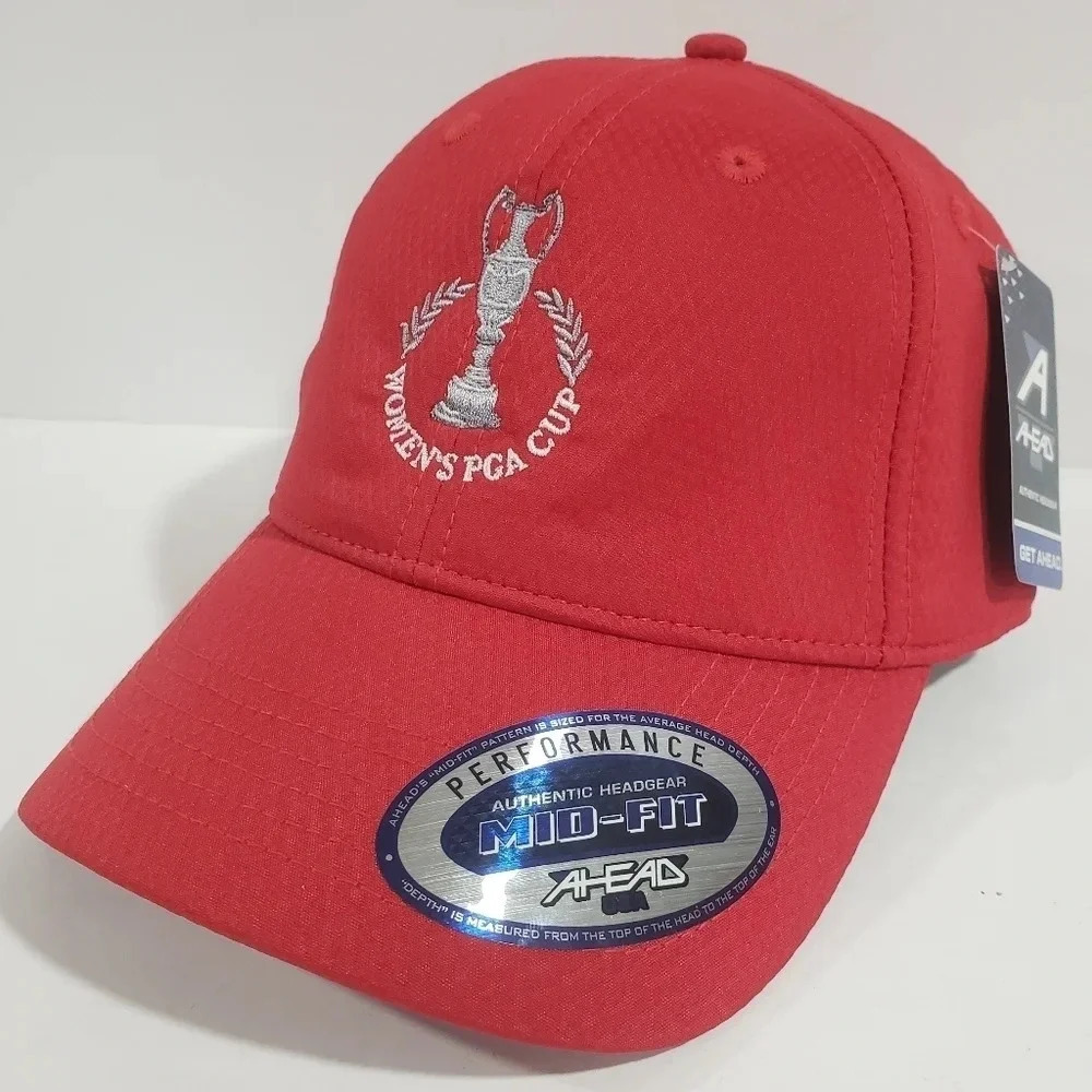Ahead USA Performance Mid-Fit  Red Womans PGA Cup Velcro Back Ball Cap.
